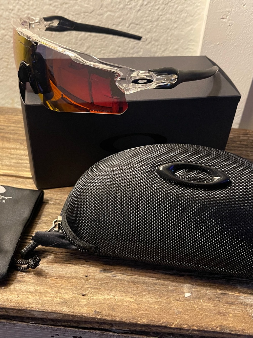 Oakley Clear Frame Sunglasses with Red and Orange Mirrored Lens